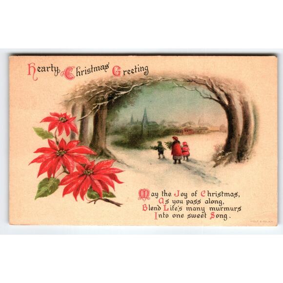 Vintage Wolf & Co. Christmas Postcard Poinsettias Winter Scene 1917 - Picture 1 of 2